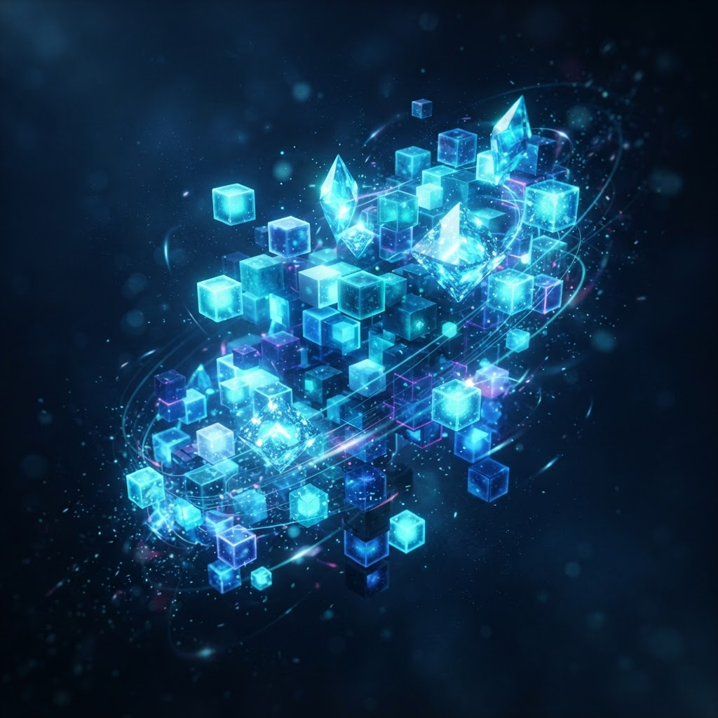 Futuristic glowing voxel blocks representing Minecraft trading assets
